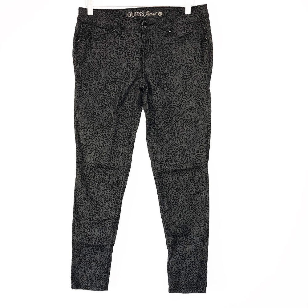 Guess Power Skinny Black Gray Cheetah Leopard Print Bejeweled Jeans Size 29